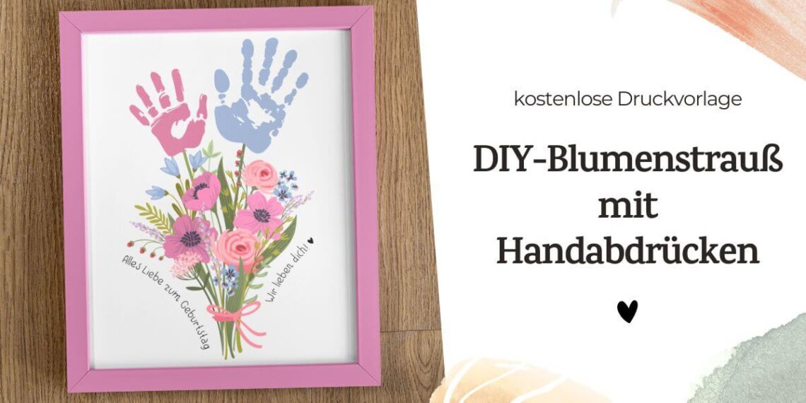 Kind bastelt ein buntes Handabdruck Bild als Geschenk mit kostenloser Vorlage