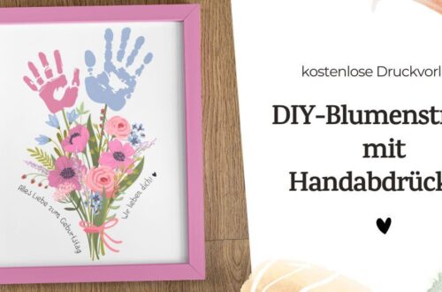 Kind bastelt ein buntes Handabdruck Bild als Geschenk mit kostenloser Vorlage